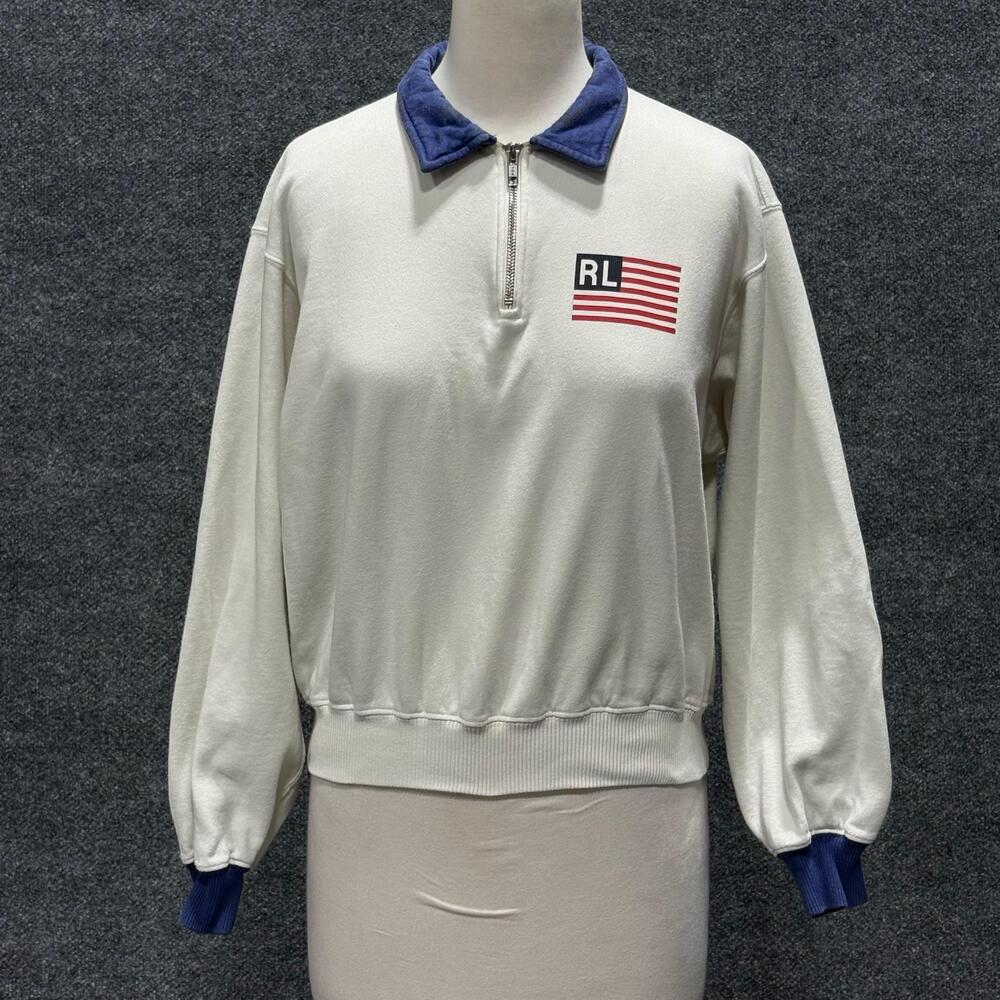 Polo Ralph Lauren Sweatshirt Womens S White Fleece 1/4 Zip Collared Flag USA